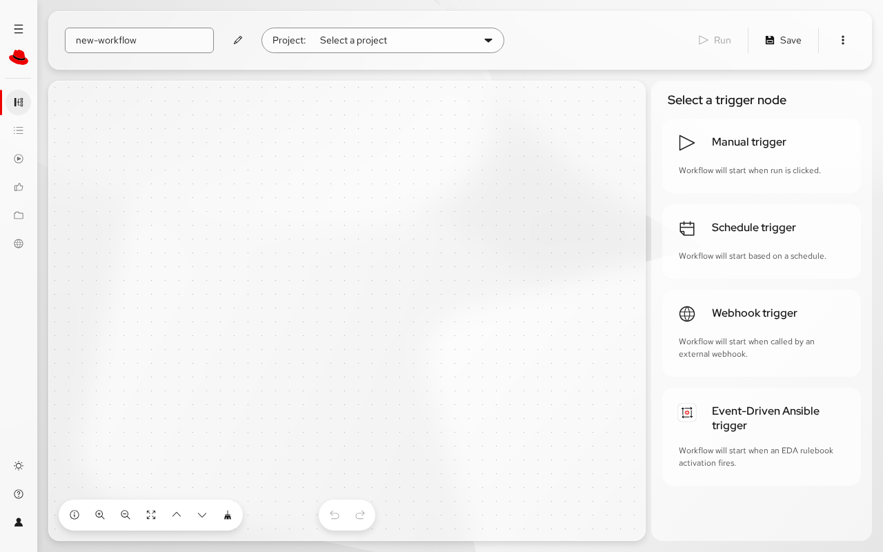 AO workflow builder — empty canvas with trigger options